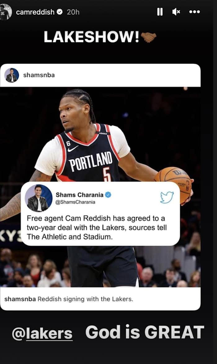 Cam Reddish's Instagram Story on Friday Night